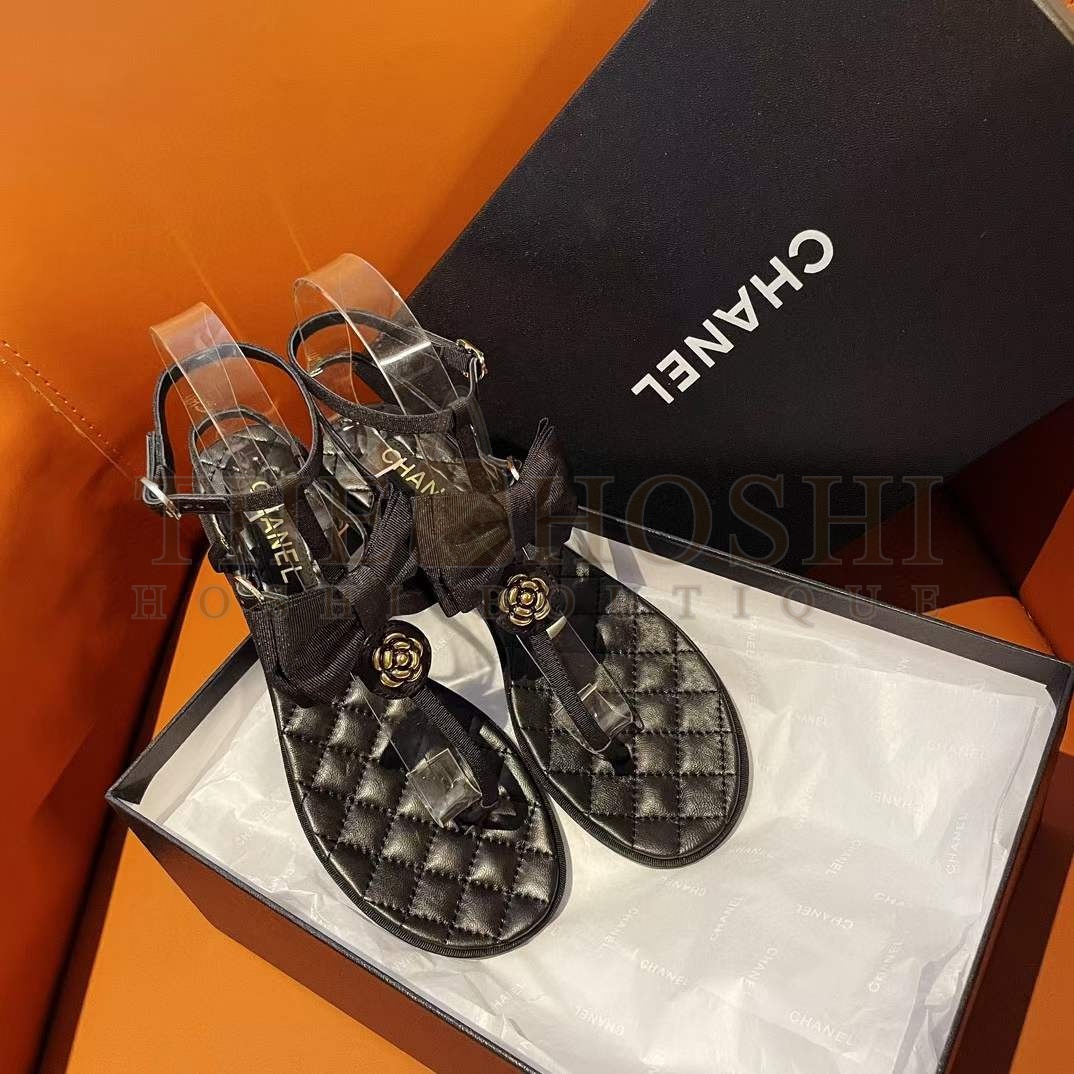 Ch**el Women CC Sandals Grosgrain Black 1 CM Heel Master Quality