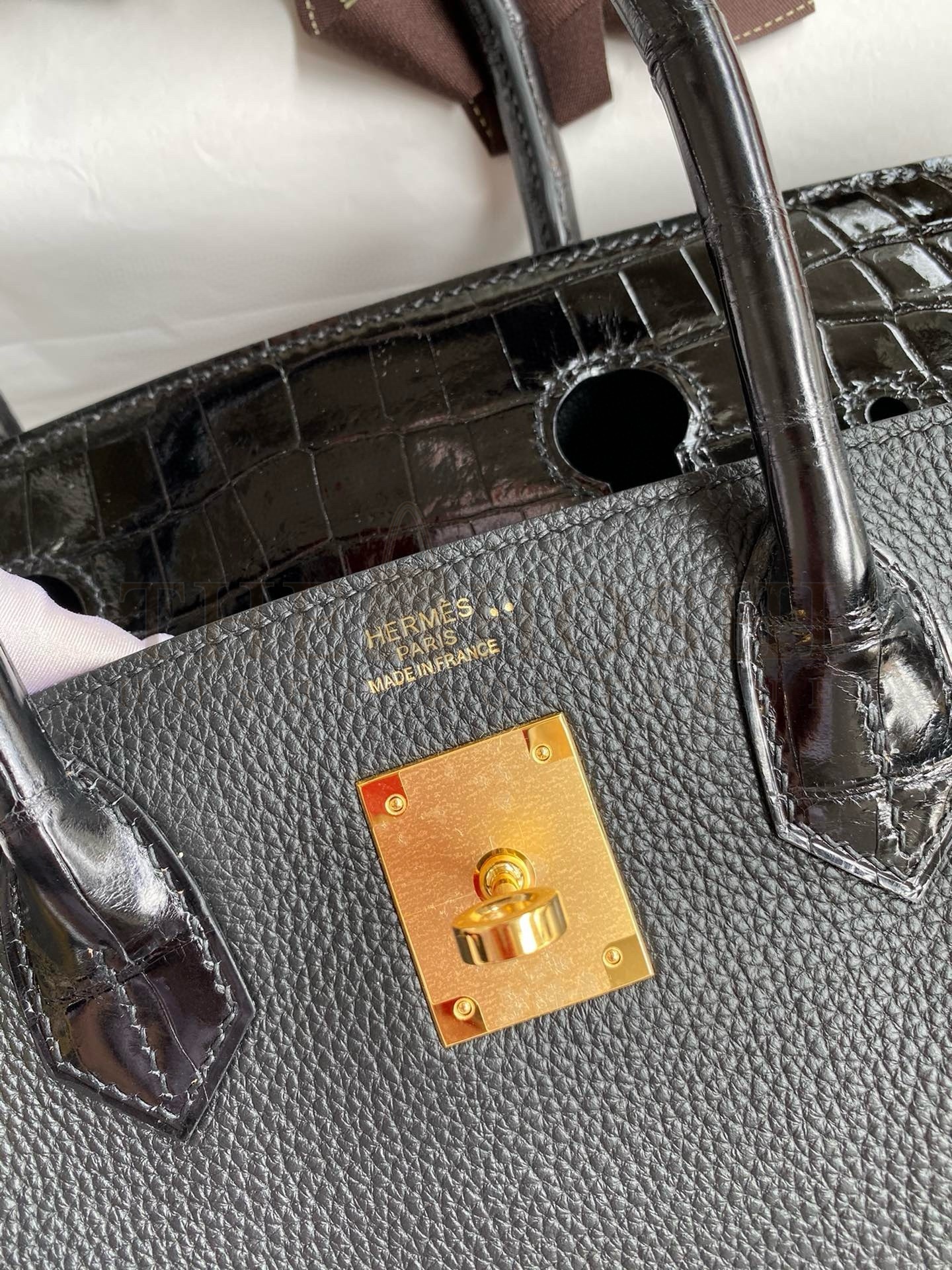 H**me5 Touch Birkin 30 Bag In Black Clemence and Shiny Niloticus Crocodile Skin Master Quality