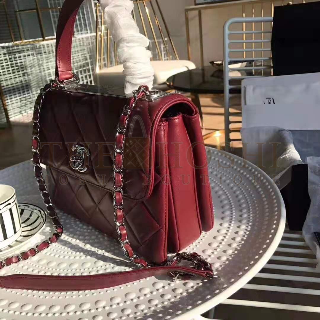 Ch**el Women Small Flap Bag with Top Handle in Lambskin Leather-Maroon Master Quality