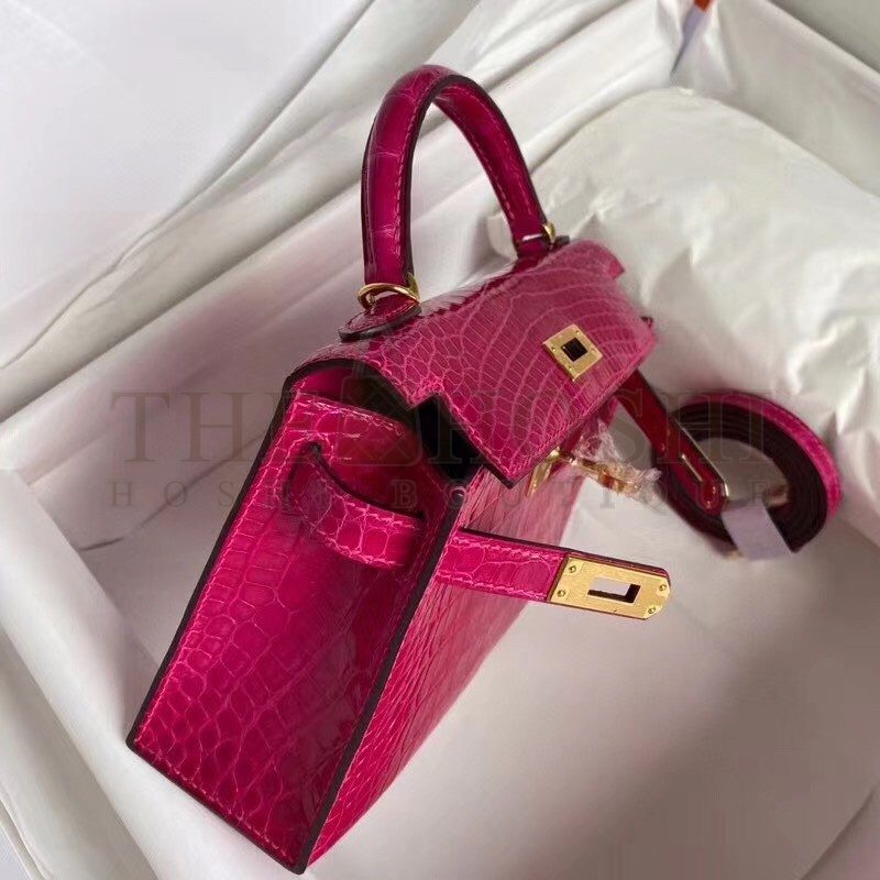 H**me5 Rose Red Alligator Crocodile Kelly Mini II Handmade Bag Master Quality