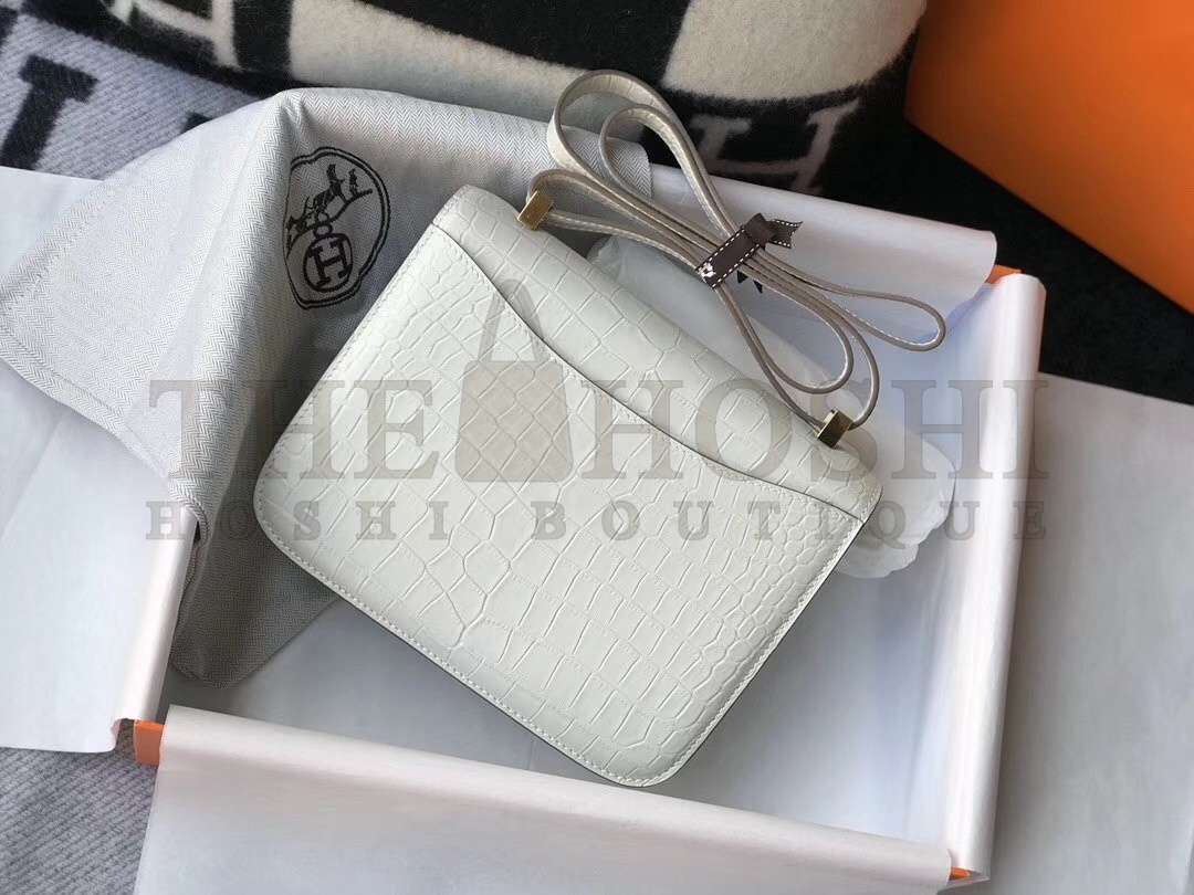 H**me5 Constance 24cm Bag In White Embossed Crocodile Master Quality
