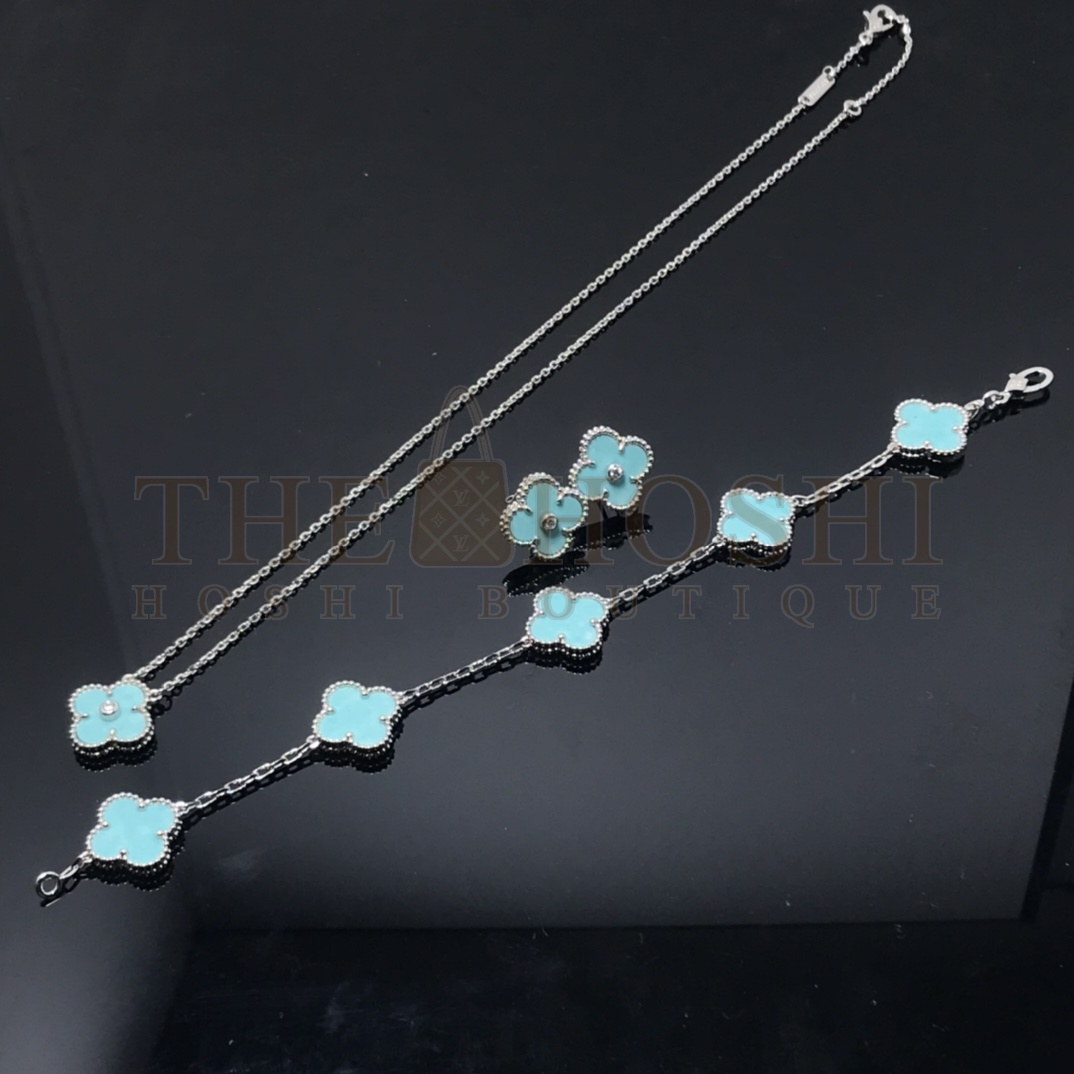 V*n Cl**f & Arpels Light Blue Clover Stud Earrings with D1am0nds, Vintage Alhambra earrings Master Quality