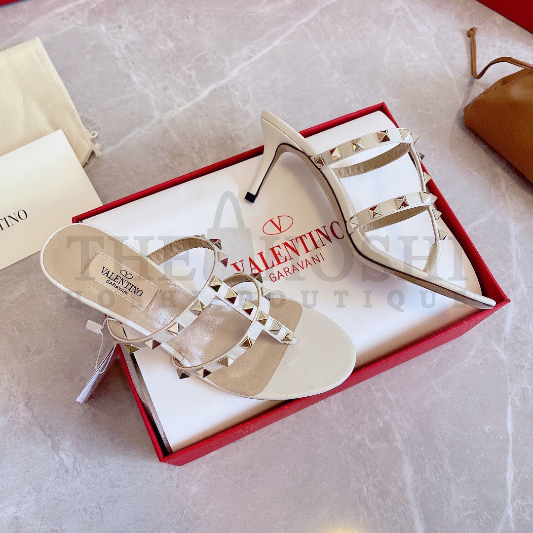 Va1e*ntin0 Rockstud Flip Flop Sandals 50mm In White Calfskin Master Quality