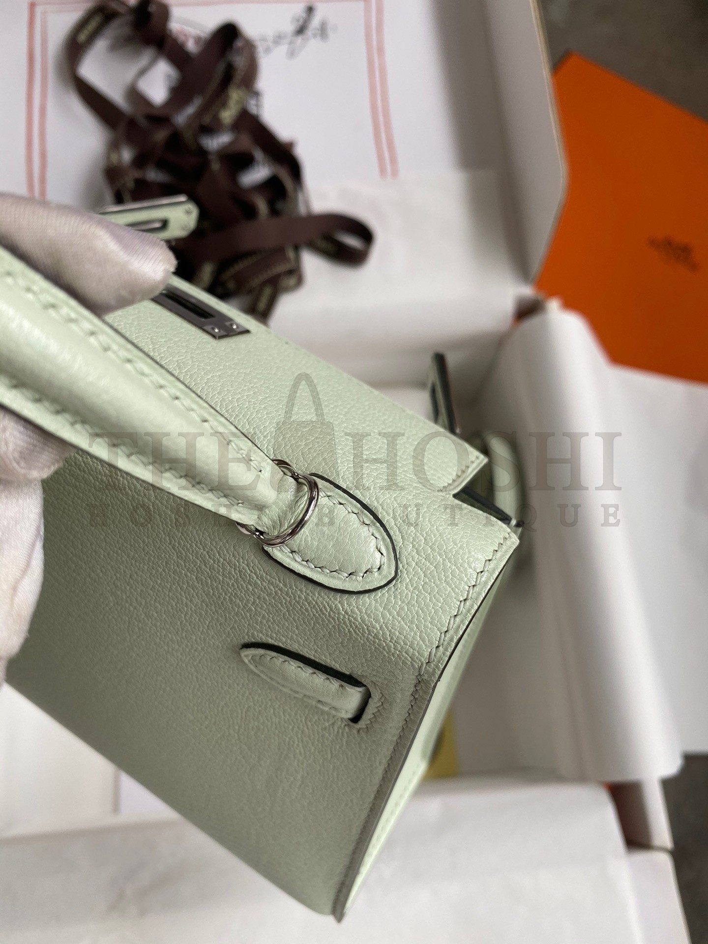 H**me5 Kelly Mini II Sellier Handmade Bag In Vert Fizz Chevre Mysore Leather Master Quality