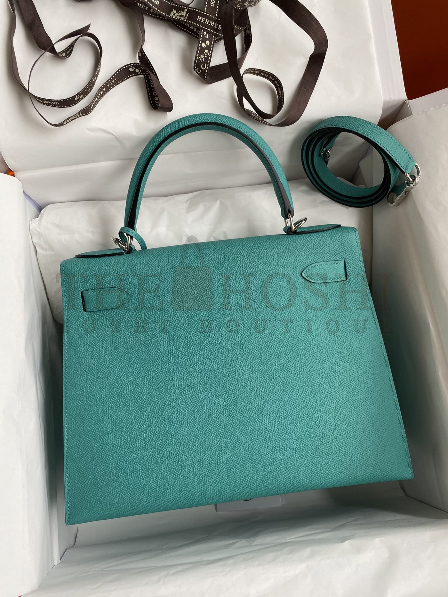 H**me5 Kelly Sellier 28 Handmade Bag In Blue Paon Epsom Calfskin Master Quality
