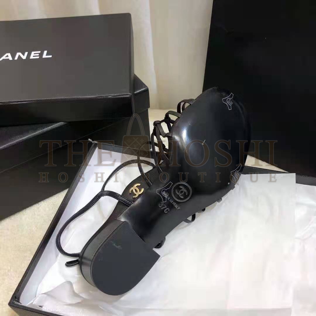 Ch**el Women Sandals Iridescent Calfskin Black 5 cm Heel Master Quality