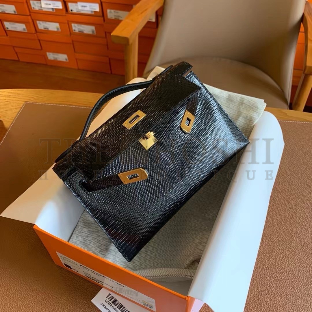 H**me5 Kelly Pochette Handmade Bag In Black Lizard Skin Master Quality
