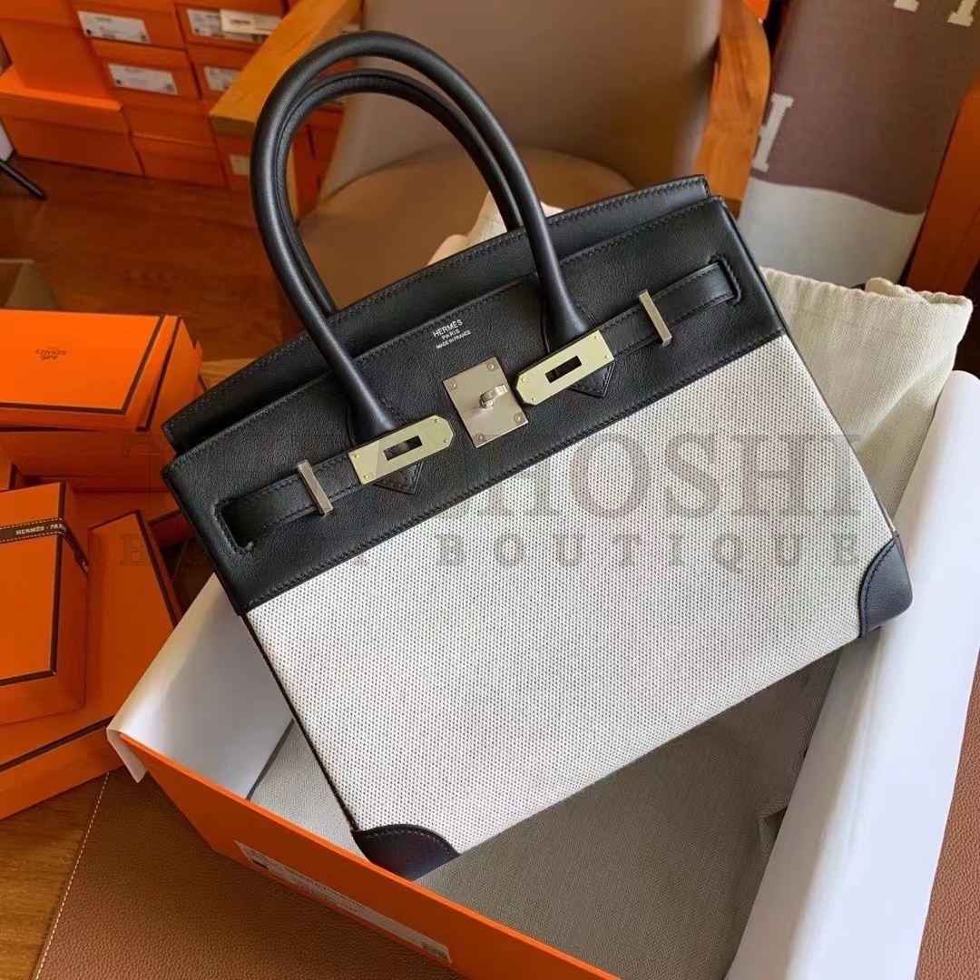 H**me5 Birkin 30 Handmade Bag In Toile &amp; Black Swift Leather Master Quality