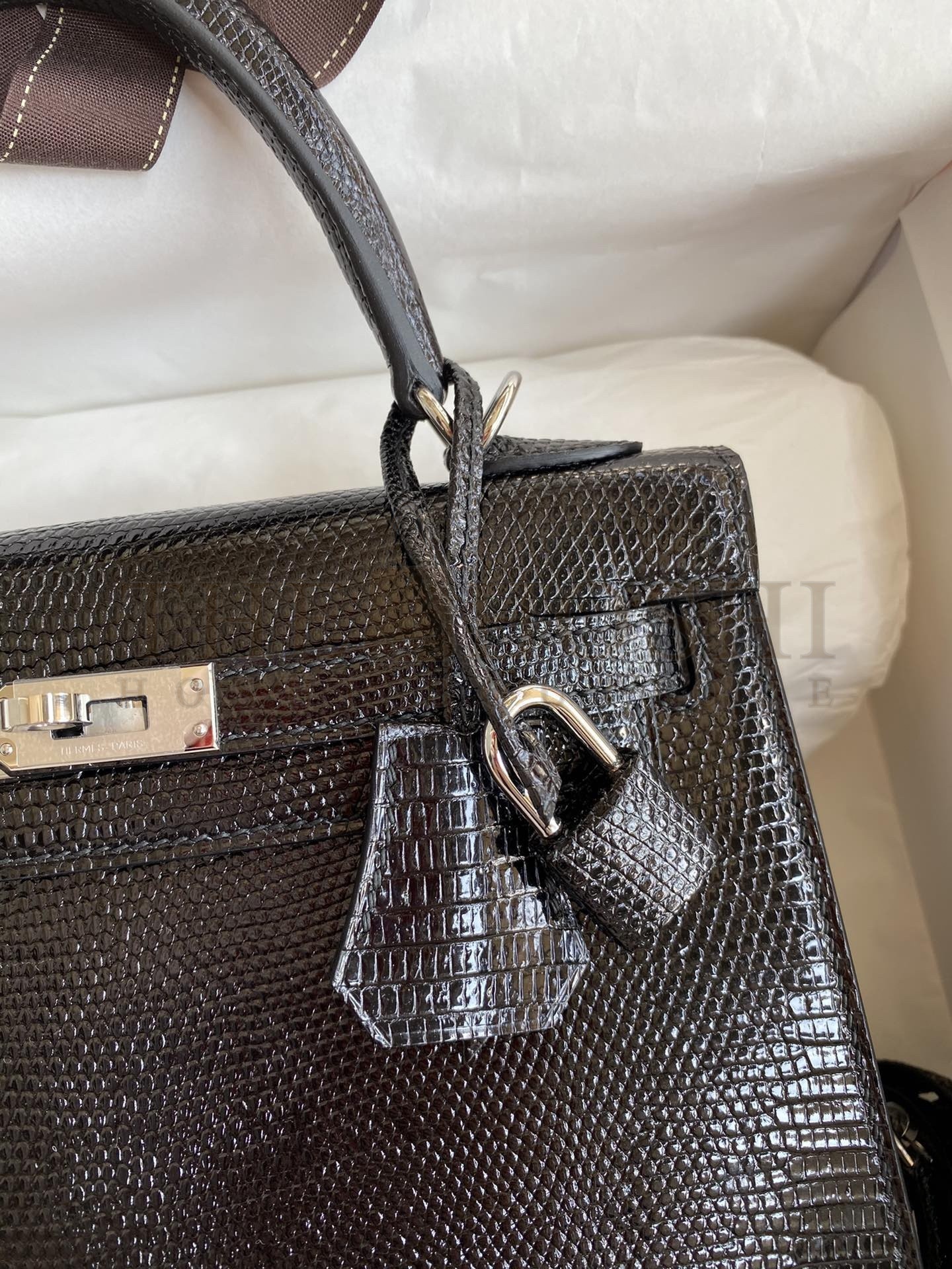 H**me5 Kelly Sellier 25 Handmade Bag In Black Lizard Leather Master Quality
