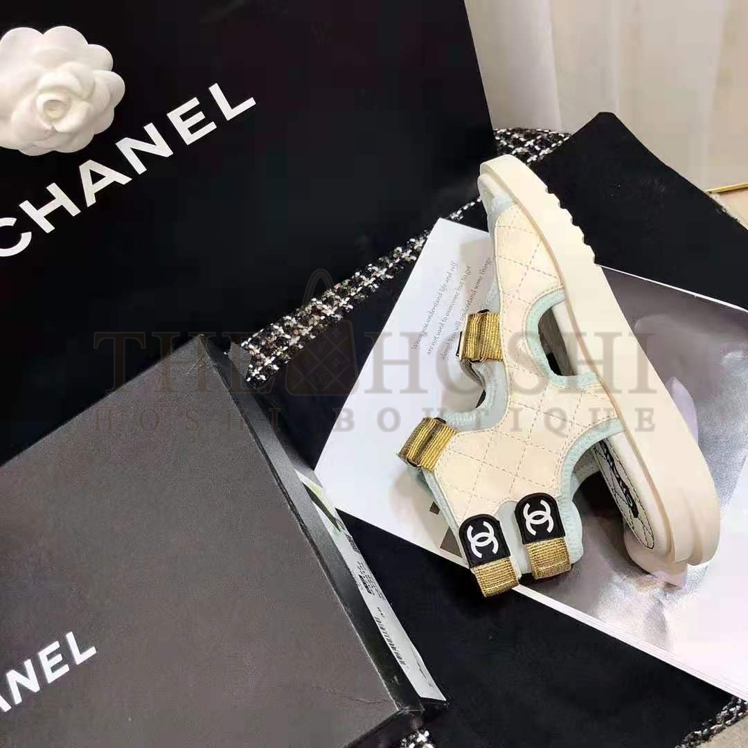 Ch**el Women Sandals Goatskin Fabric &amp; TPU White Light Grey &amp; Navy Blue Master Quality