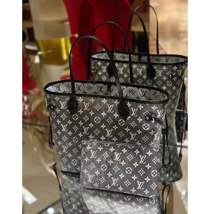 L0vis Vvtt0n LV Women Neverfull MM Tote Gray Denim Textile Jacquard Master Quality