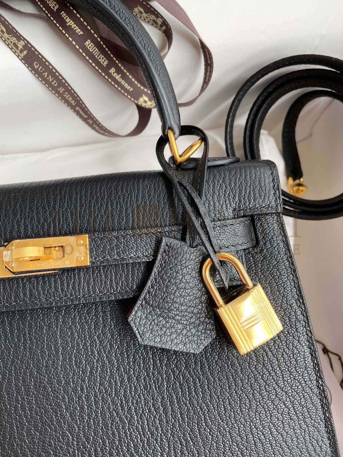 H**me5 Kelly Sellier 25 Handmade Bag In Black Mysore Goatskin Master Quality
