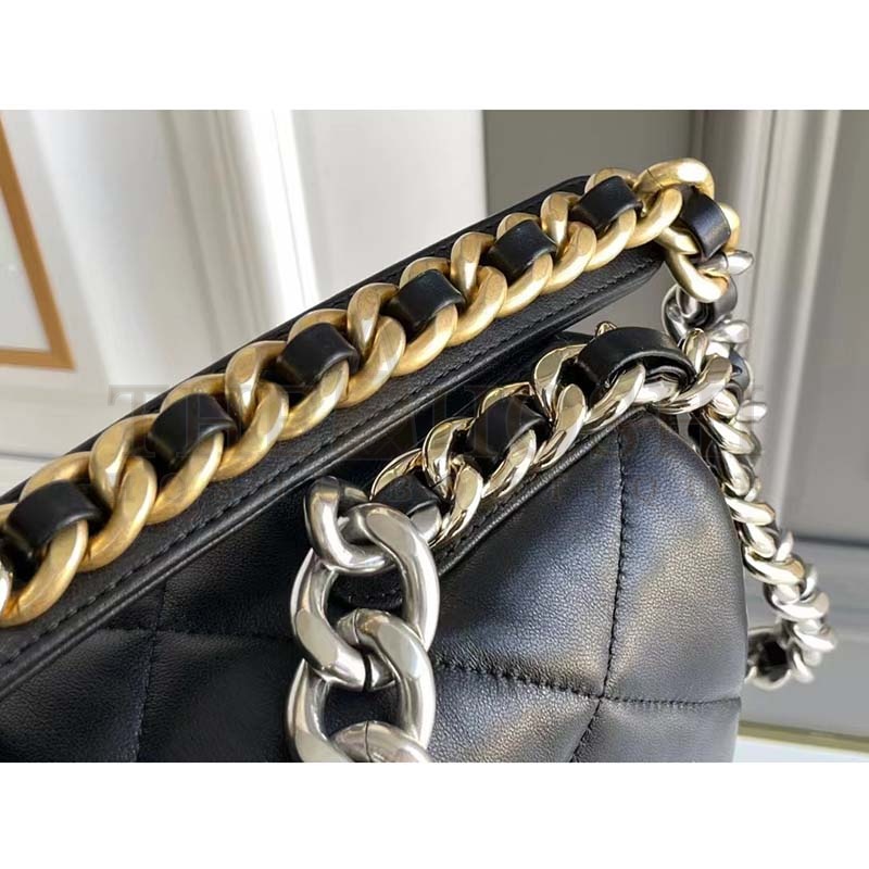 Ch**el Women 19 Large Handbag Lambskin Gold Silver-Tone Ruthenium-Finish Metal Black Master Quality