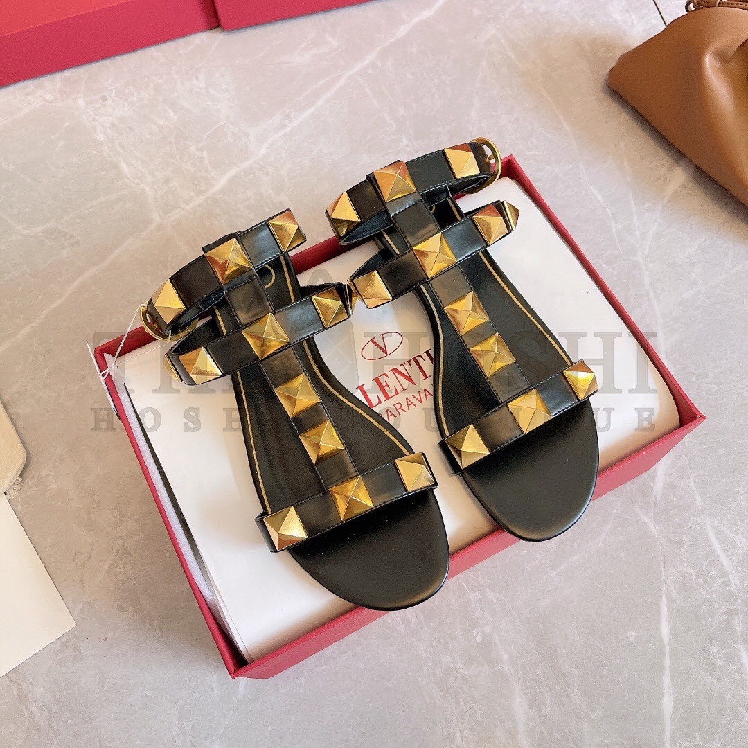 Va1e*ntin0 Roman Stud Flat Sandals In Black Calfskin Master Quality