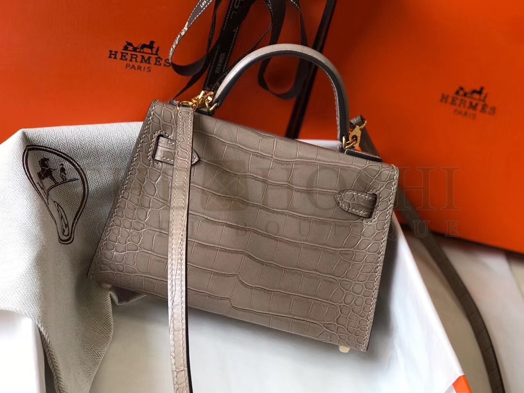 H**me5 Kelly Mini II Bag In Grey Crocodile Embossed Leather Master Quality