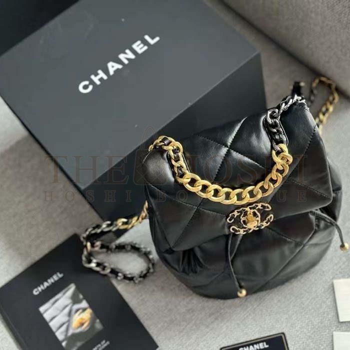 Ch**el Women CC 19 Backpack Shiny Lambskin Gold Silver-Tone Black Master Quality