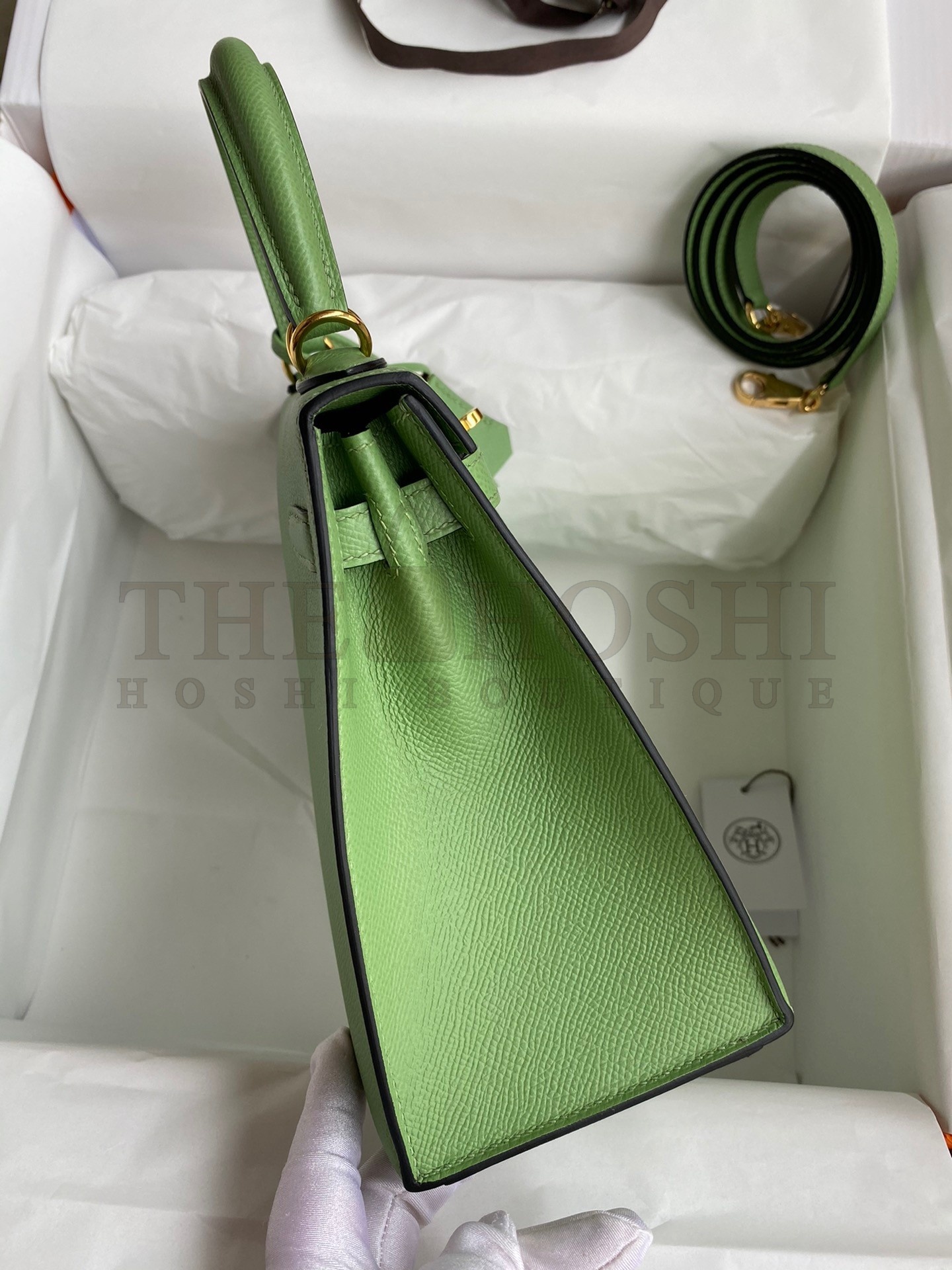 H**me5 Kelly Sellier 25 Handmade Bag In Vert Criquet Epsom Calfskin Master Quality