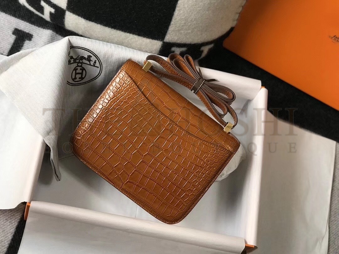 H**me5 Constance 24cm Bag In Brown Embossed Crocodile Master Quality