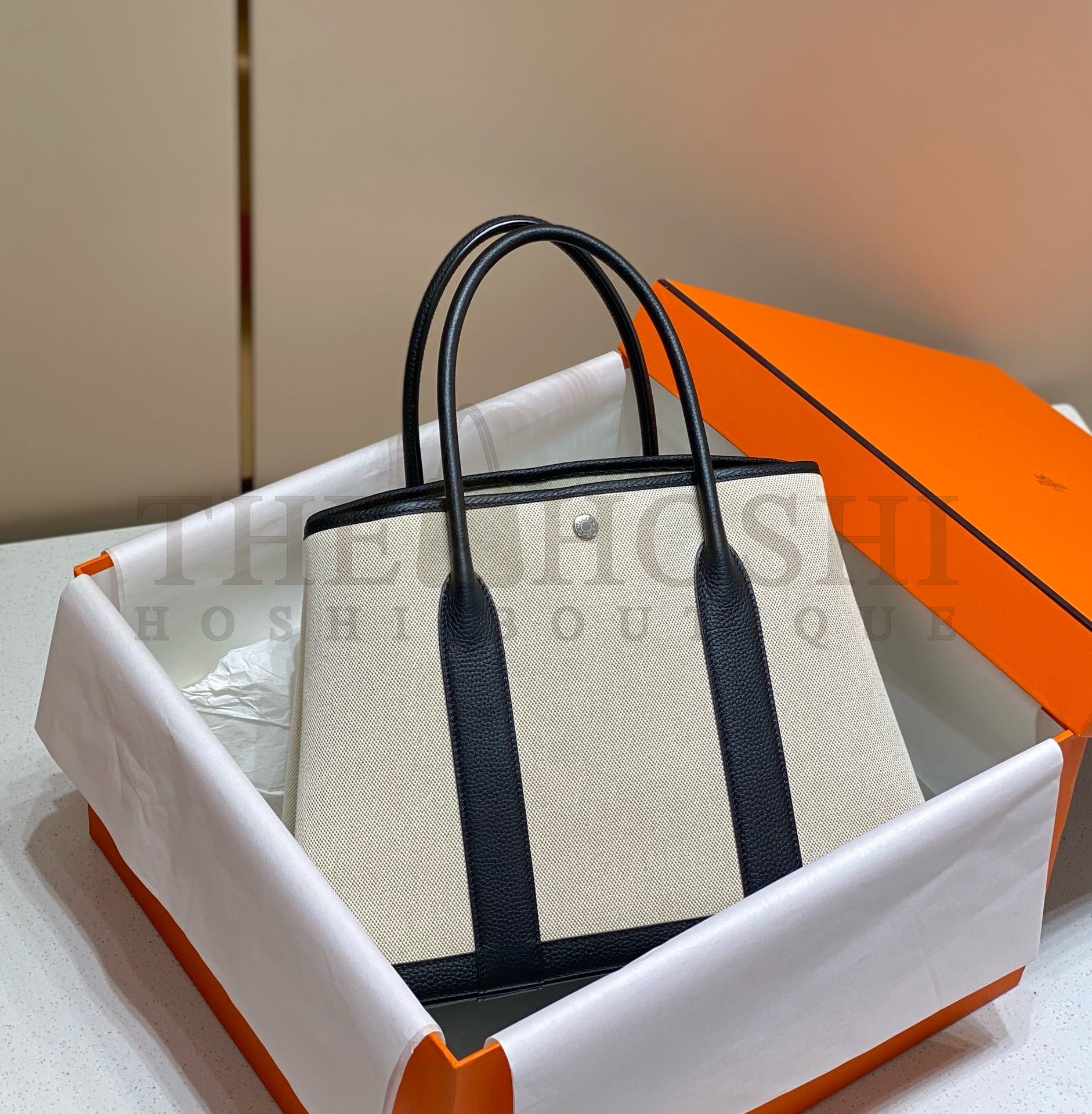 H**me5 Garden Party 36cm Bag in Toile and Black Leather Master Quality