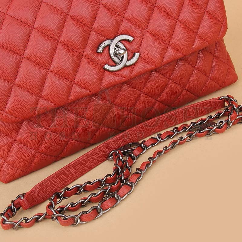 Ch**el Women Flap Bag with Top Handle in Grained Calfskin Leather-Red Master Quality