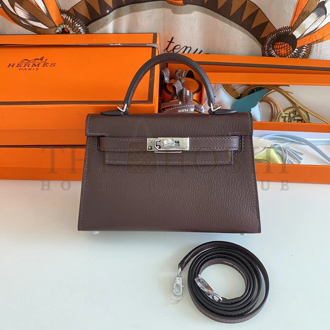 H**me5 Women Mini Kelly 20 Bag Suede Leather Silver Hardware-Chocolate Master Quality