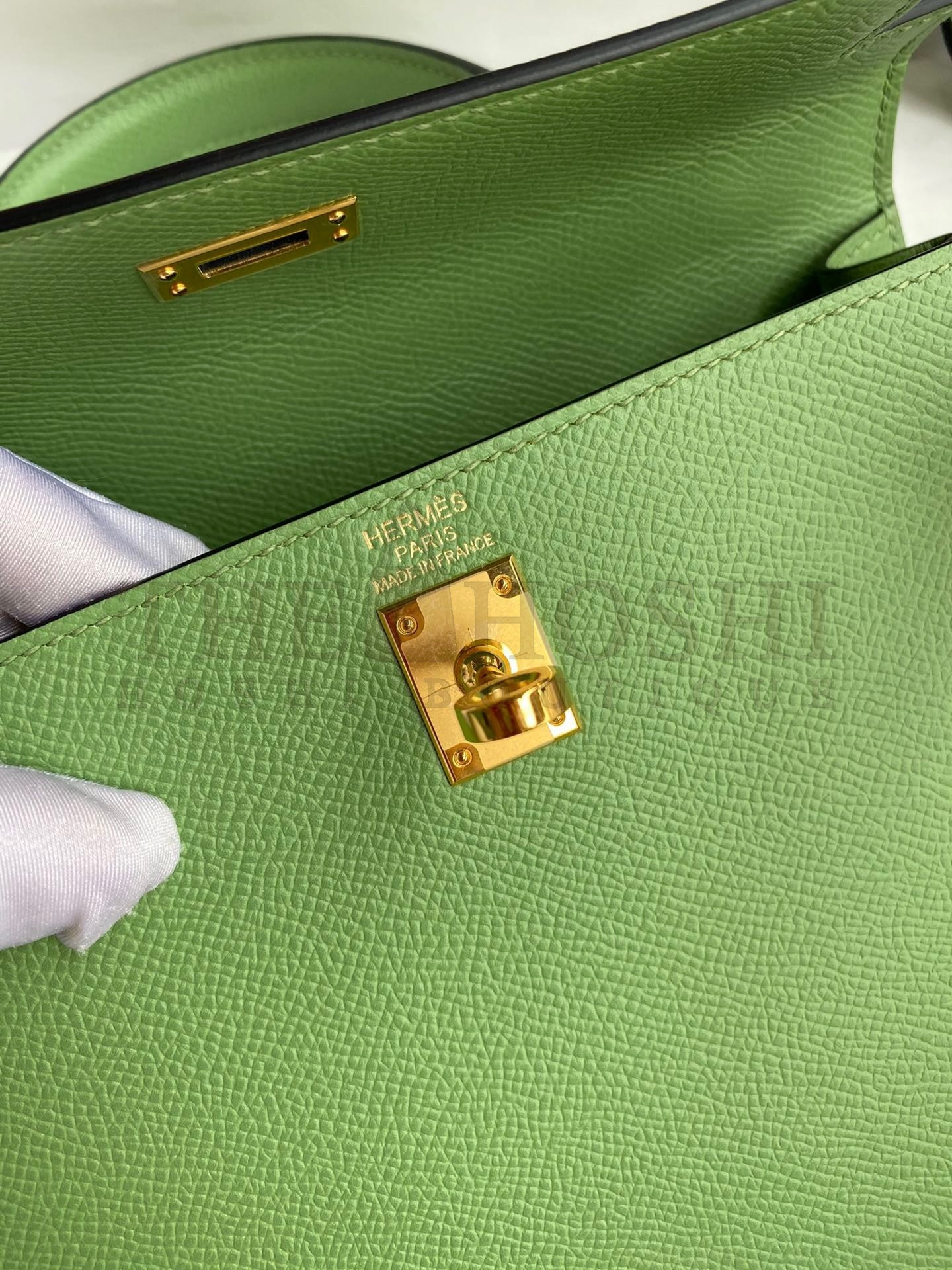 H**me5 Kelly Sellier 25 Handmade Bag In Vert Criquet Epsom Calfskin Master Quality