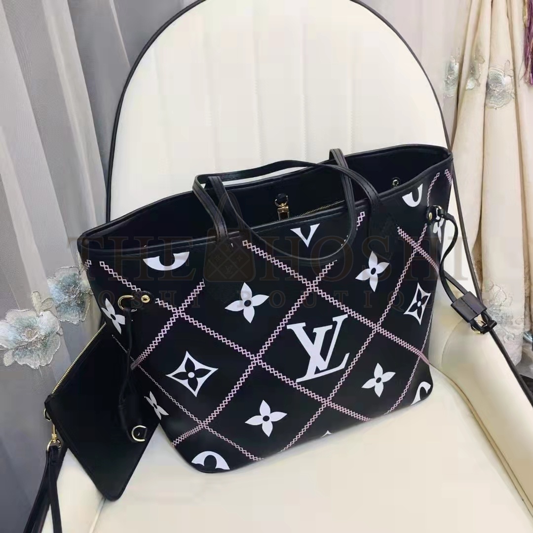 L0vis Vvtt0n LV Women Neverfull MM Tote Black Pink Grained Cowhide Leather Master Quality