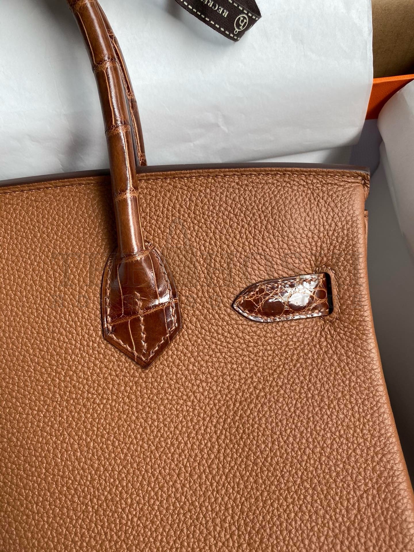 H**me5 Touch Birkin 30 Bag In Gold Clemence and Shiny Niloticus Crocodile Skin Master Quality