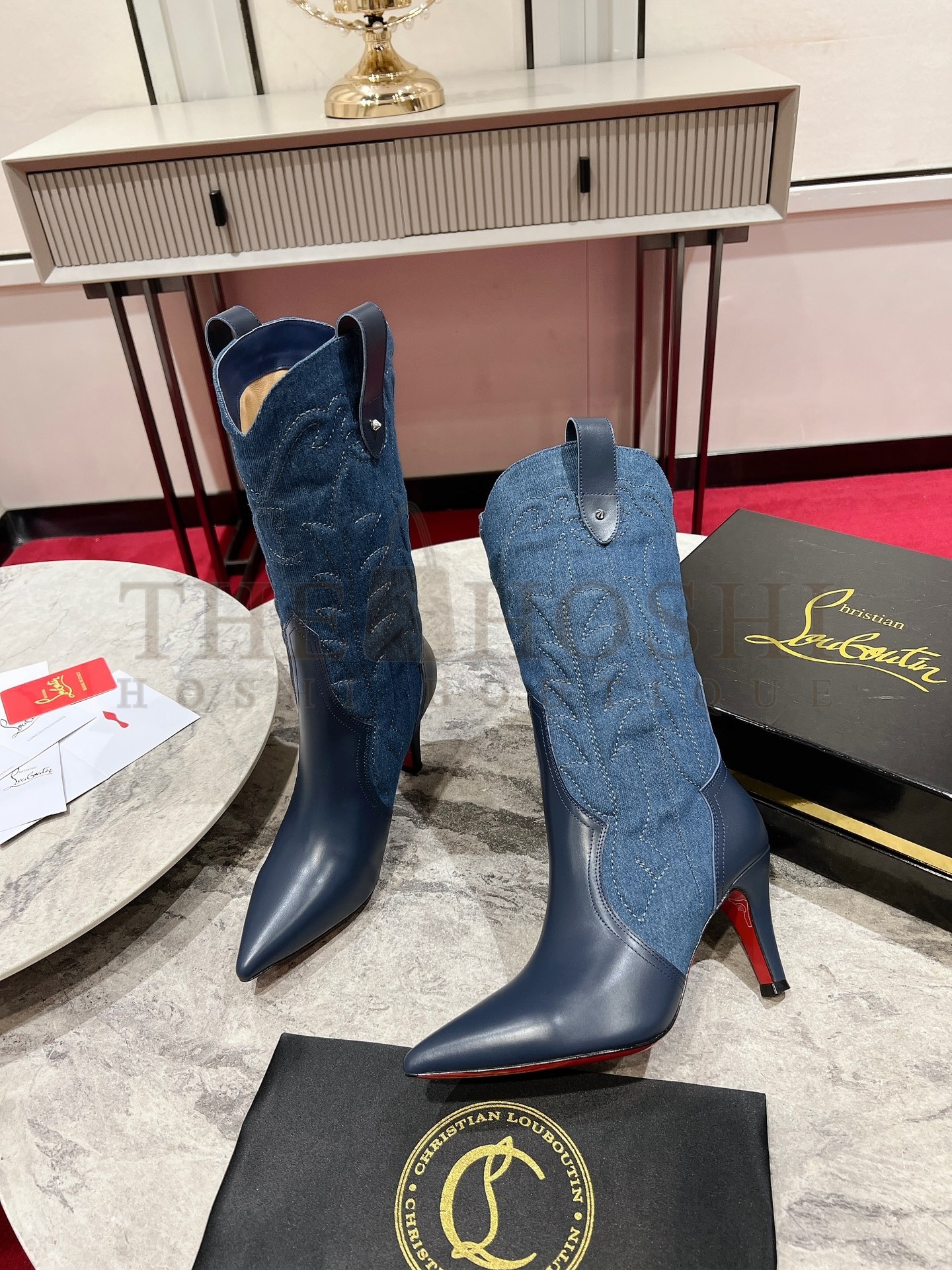CL Santiabooty Classic Western Cowboy Boots Calfskin Denim 8.5cm Heel Master Quality
