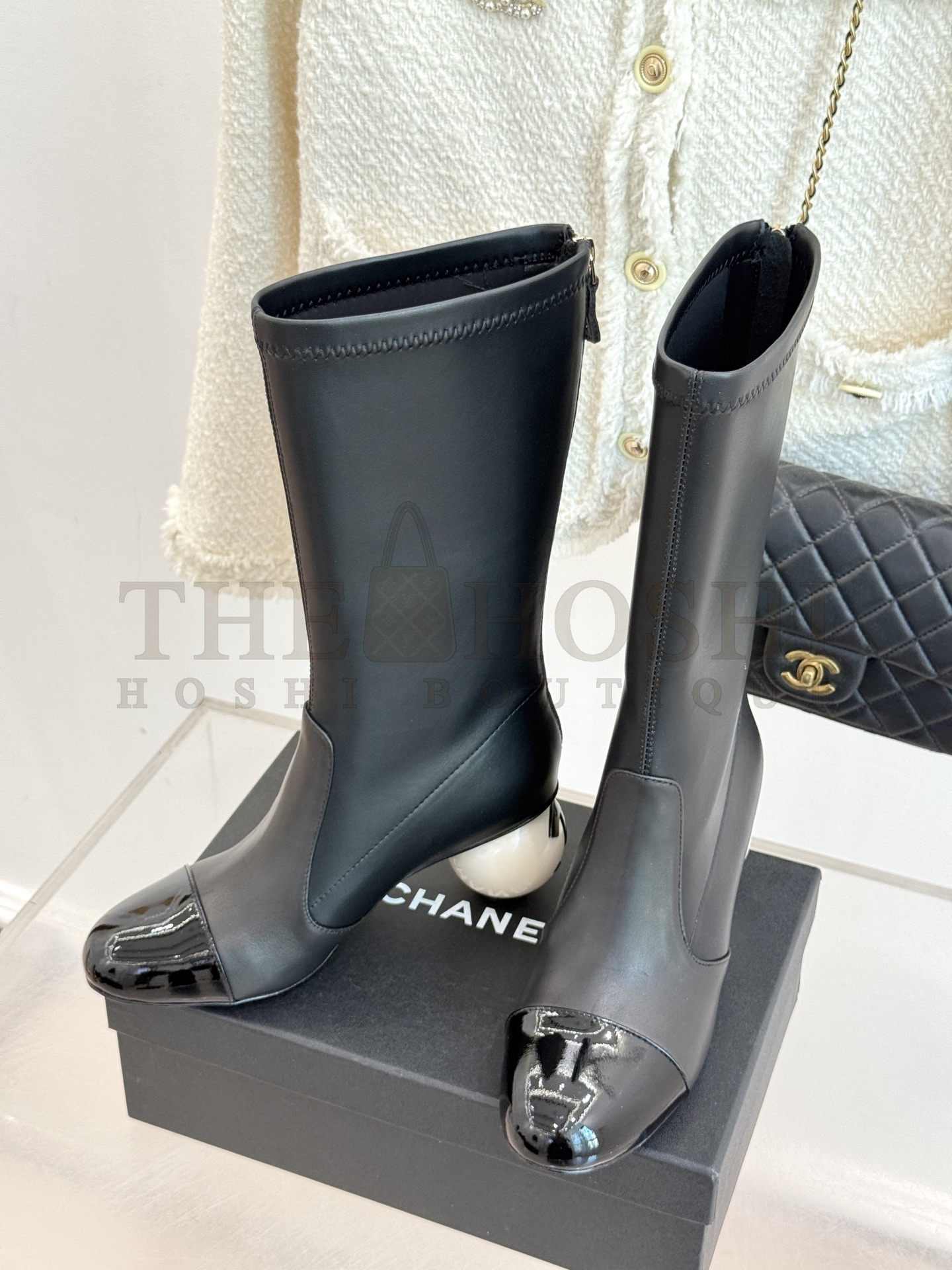 Ch**el Double C Pearl Decorated Platform Boots Black Lambskin Leather Sole Master Quality