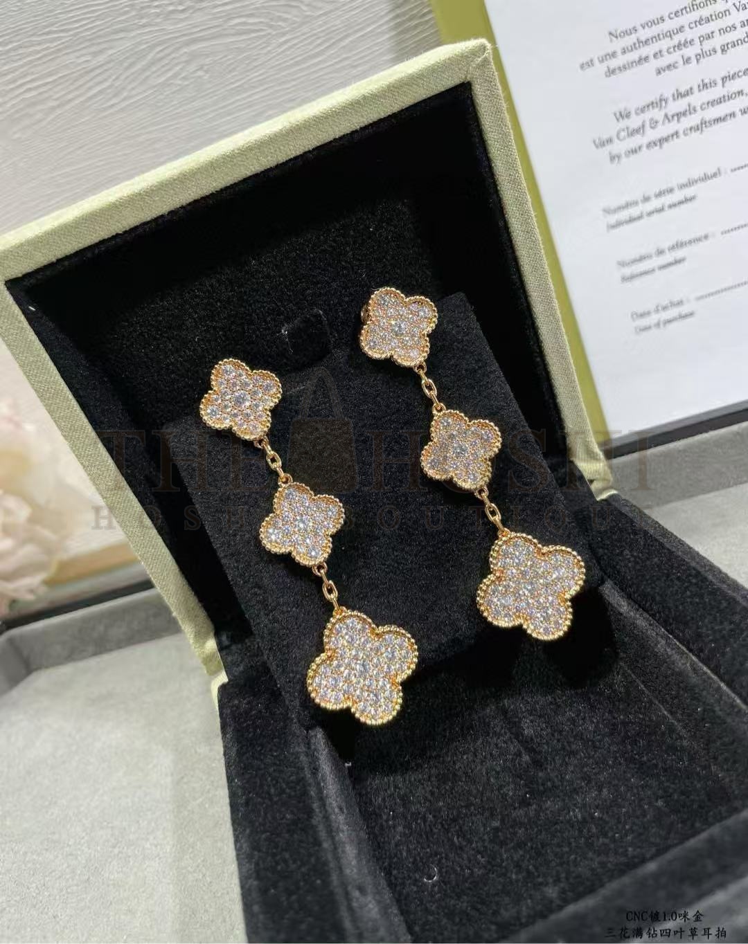 V*n Cl**f & Arpels VCA Alhambra 3-Flower Full D1am0nd Earrings Master Quality