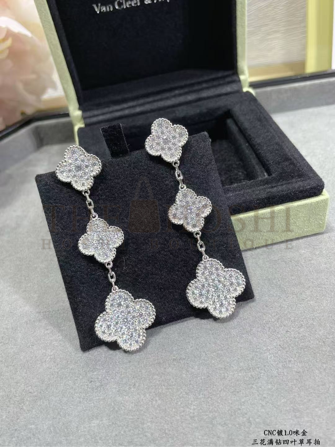 V*n Cl**f & Arpels VCA Alhambra 3-Flower Full D1am0nd Earrings Master Quality