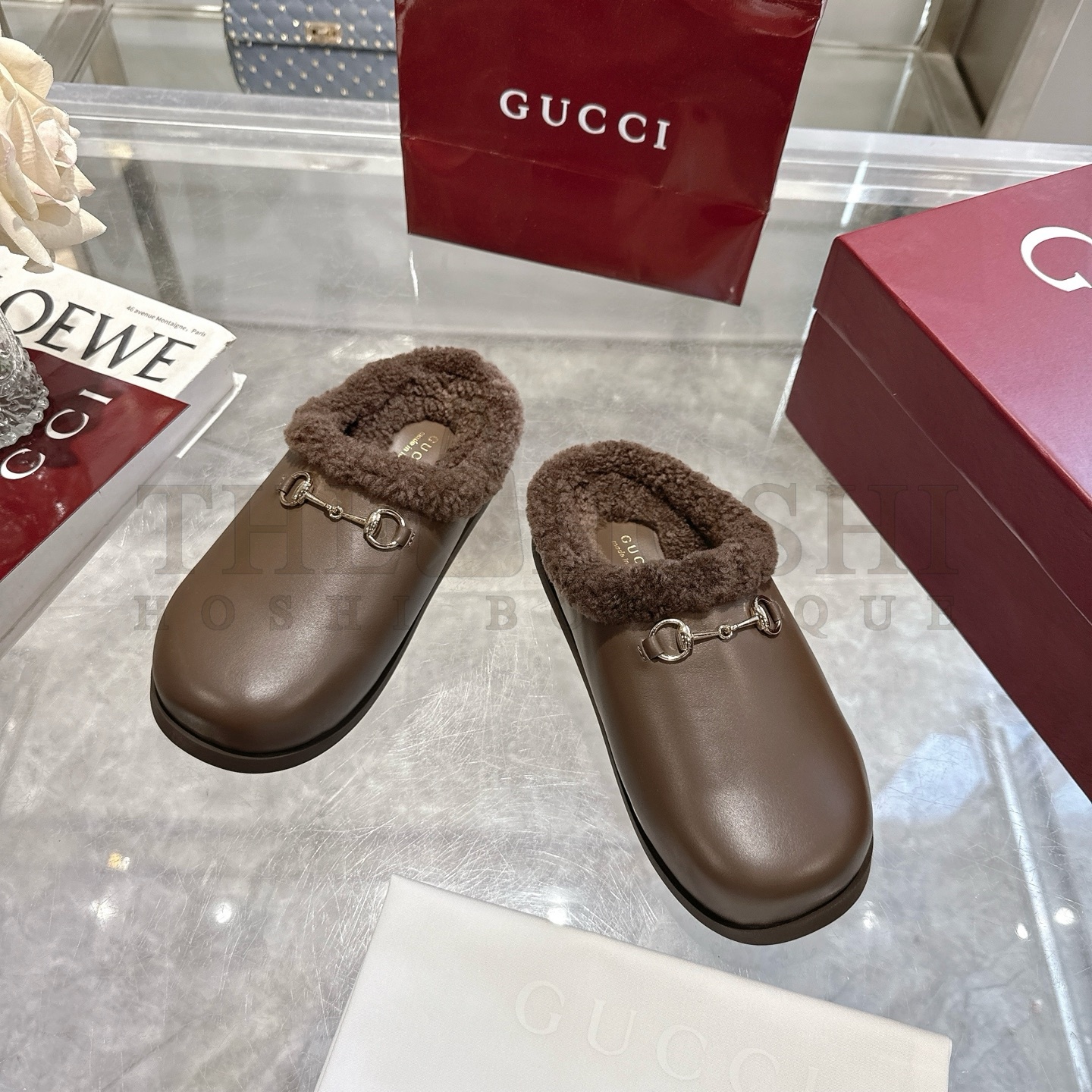 Gvc*1 Brown Leather Horsebit-Detailed Shearling-Lined Mules Sandals Master Quality