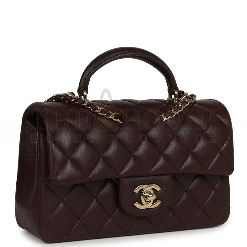 Ch**el MINI RECTANGULAR FLAP WITH TOP HANDLE LAMBSKIN LIGHT GOLD HARDWARE (20*13*6cm) Master Quality