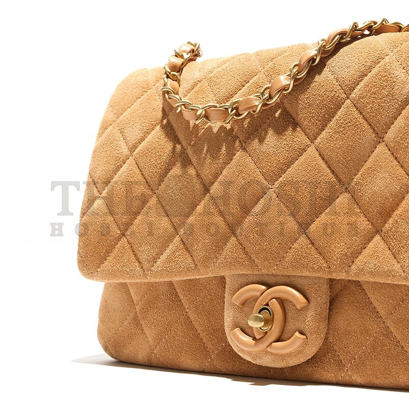 Ch**el FLAP BAG SUEDE CALFSKIN, LAMBSKIN &amp; GOLD-TONE METAL DARK BEIGE AS5987 (26*18*7cm) Master Quality
