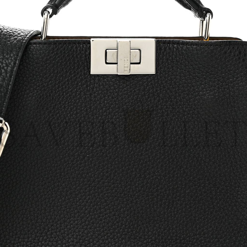 F**di CUOIO ROMANO VITELLO GRACE LIGHT GLAZED FABRIC BI-COLOR FF 1974 MINI PEEKABOO I SEE U SATCHEL BLACK (25*20*9cm) Master Quality
